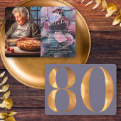 金ゴールドブルーアジサイ80誕生日写真 招待状