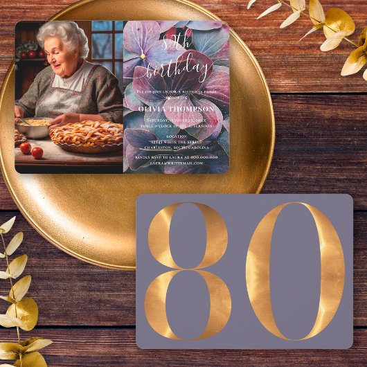 金ゴールドブルーアジサイ80誕生日写真 招待状