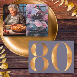 金ゴールドブルーアジサイ80誕生日写真 招待状