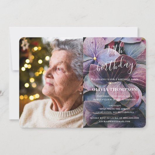 金ゴールドブルーアジサイ90誕生日写真 招待状 (正面)