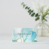 金ゴールドブルーウォーターカラー書道絵画（ばちゃばちゃ）跳ねる 名刺 (スタンド正面)