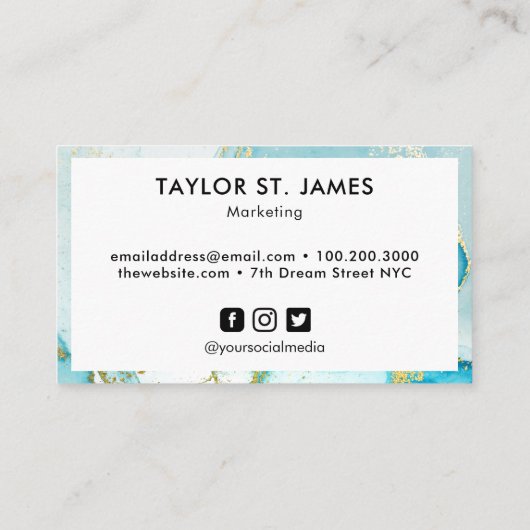 金ゴールドブルーウォーターカラー書道絵画（ばちゃばちゃ）跳ねる 名刺 (裏面)