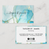 金ゴールドブルーウォーターカラー書道絵画（ばちゃばちゃ）跳ねる 名刺 (正面/裏面)