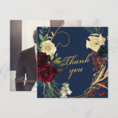 金ゴールドブルーウォーター色フローラバラ結婚リース サンキューカード (正面/裏面)