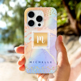 金ゴールドブルーウォーター色モノグラムモダンの名前 iPhone 16 PROケース