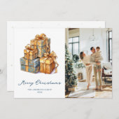 金ゴールドブルーエレガントフォトメリークリスマスカード シーズンカード (正面/裏面)