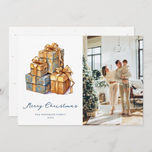 金ゴールドブルーエレガントフォトメリークリスマスカード シーズンカード (正面/裏面)