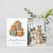 金ゴールドブルーエレガントフォトメリークリスマスカード シーズンカード (スタンド正面)