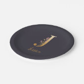 金ゴールドブルーエレガントフローラMonogram J  ペーパープレート (アングル)