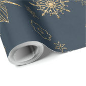 金ゴールドブルーエレガントポインセチアスの雪片パターン ラッピングペーパー (ロールコーナー)