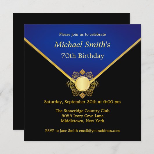 金ゴールドブルーエンブレムエレガント誕生日パーティー招待状 招待状 (正面/裏面)