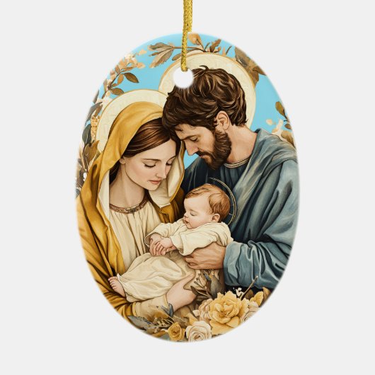 金ゴールドブルークリスチャン聖家族クリスマス セラミックオーナメント (正面)