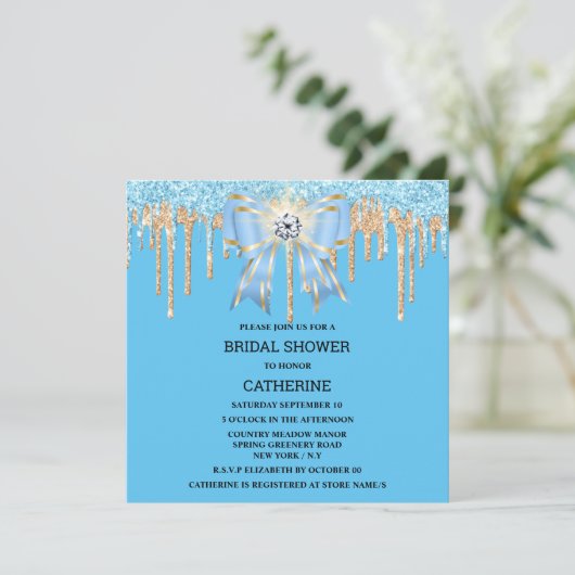 金ゴールドブルーグリッターダイヤモンドボウきらめく灯 招待状 (スタンド正面)