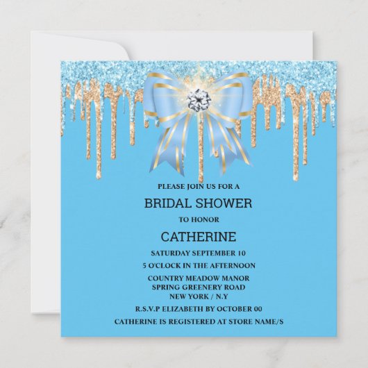 金ゴールドブルーグリッターダイヤモンドボウきらめく灯 招待状 (正面)