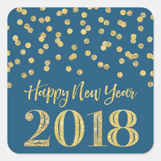 金ゴールドブルーグリッター紙吹雪ハッピーニューイヤー2018 スクエアシール (正面)