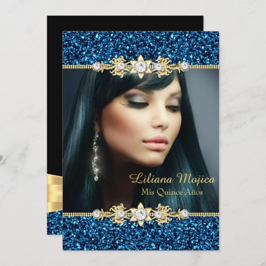 金ゴールドブルーグリッター&ジュエルボウキンセアニェラ 招待状 (正面/裏面)