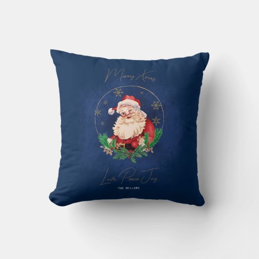 金ゴールドブルーサンタエレガントヴィンテージメリークリスマス クッション (正面)