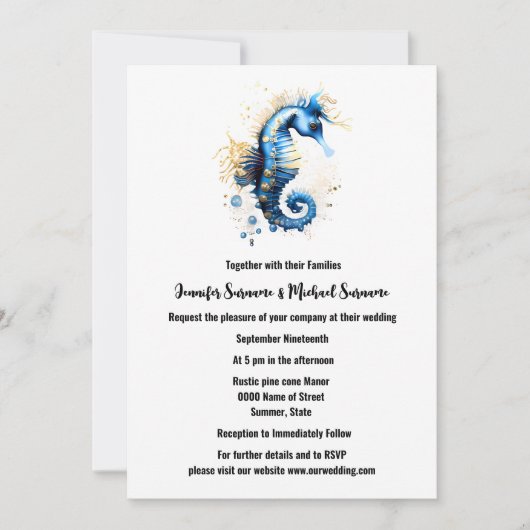 金ゴールドブルーシーホースファンタジービーチ沿岸シック 招待状 (正面)