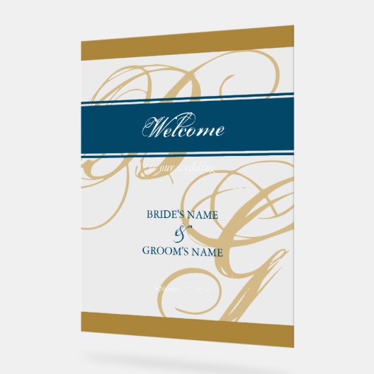 金ゴールドブルースクリプトモノグラム結婚のウェルカムサイン アクリルサイン (傾斜)