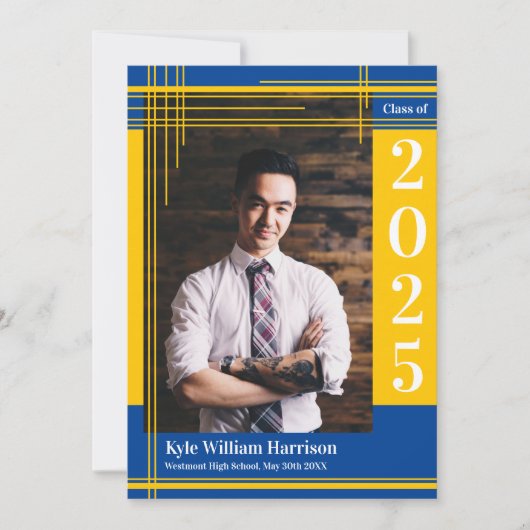 金ゴールドブルースクールカラー卒業写真プライド 招待状 (正面)