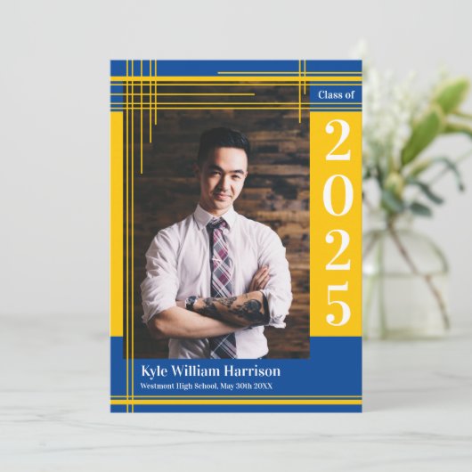 金ゴールドブルースクールカラー卒業写真プライド 招待状 (スタンド正面)