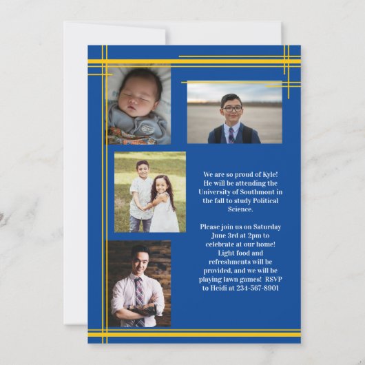 金ゴールドブルースクールカラー卒業写真プライド 招待状 (裏面)