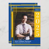 金ゴールドブルースクールカラー卒業写真プライド 招待状 (正面/裏面)