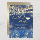 金ゴールドブルーストリングライト企業のカクテルパーティー 招待状 (正面/裏面)