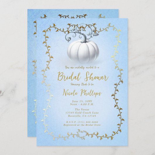 金ゴールドブルーストーリーブックホワイトパンプキンブライダルシャワー 招待状 (正面/裏面)
