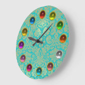 金ゴールドブルーティール（緑がかった色）ダマスクカラフル及び3D宝石ストーン ラージ壁時計 (傾斜)