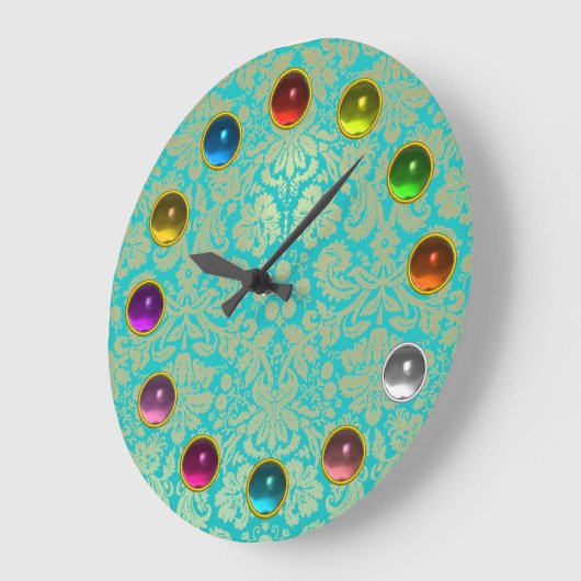 金ゴールドブルーティール（緑がかった色）ダマスクカラフル及び3D宝石ストーン ラージ壁時計 (傾斜)