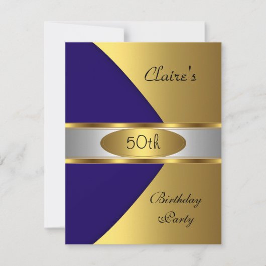 金ゴールドブルーネイビー招待状50thバースデーパーティー 招待状 (正面)