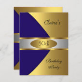金ゴールドブルーネイビー招待状50thバースデーパーティー 招待状 (正面/裏面)