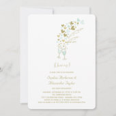 金ゴールドブルーハートシャンパン応援シック婚約 招待状 (正面)