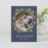 金ゴールドブルーバッファロープレイドフォトクリスマスカード シーズンカード (スタンド正面)