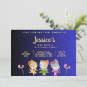 金ゴールドブルーバレリナキャット子供の誕生日パーティー 招待状 (スタンド正面)