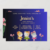 金ゴールドブルーバレリナキャット子供の誕生日パーティー 招待状 (正面/裏面)