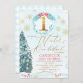 金ゴールドブルーパインツリーウィンターオネダーランド誕生日Inv 招待状 (正面/裏面)
