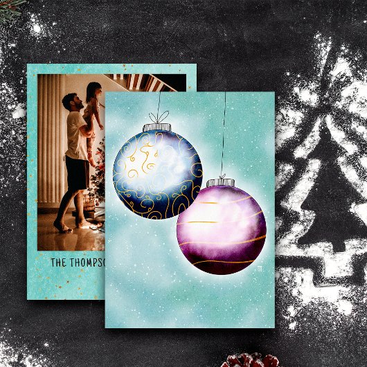 金ゴールドブルーパープルクリスマスボールファミリー写真 シーズンカード