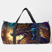 金ゴールドブルーパープルドラゴンとタワー ダッフルバッグ (正面)