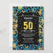 金ゴールドブルーヒョウ柄ジャングルグリッター50位 招待状 (正面)