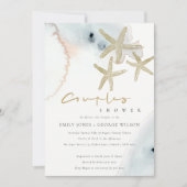 金ゴールドブルービーチイヒトカップルシャワー招待状 サンキューカード (正面)