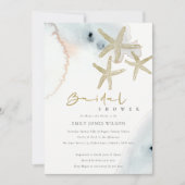 金ゴールドブルービーチイヒトデブライダルシャワー招待状 サンキューカード (正面)