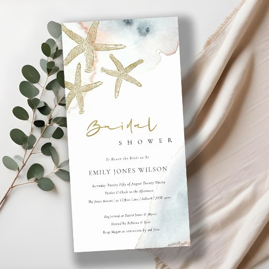 金ゴールドブルービーチイヒトデブライダルシャワー招待状 サンキューカード