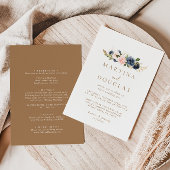 金ゴールドブルーピンクの花バック&フロント結婚ズ 招待状