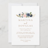 金ゴールドブルーピンクの花バック&フロント結婚ズ 招待状 (正面)