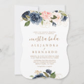 金ゴールドブルーピンク結婚の花のヌエストラボーダ 招待状 (正面)