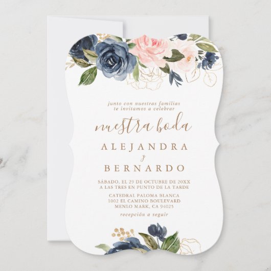 金ゴールドブルーピンク結婚の花のヌエストラボーダ 招待状 (正面)