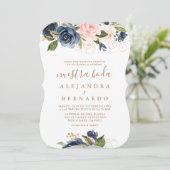 金ゴールドブルーピンク結婚の花のヌエストラボーダ 招待状 (スタンド正面)