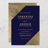 金ゴールドブルーフェイクエレガントなウェディングカラーブロック 招待状 (正面/裏面)